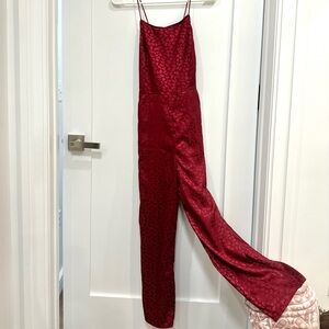 Urban Outfitters Red Satin Leopard-Print Spaghetti-Strap Jumpsuit